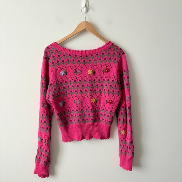 Zara Floral Knit Jacket Cardigan Embroidery Pink Size Medium - Picture 5 of 7